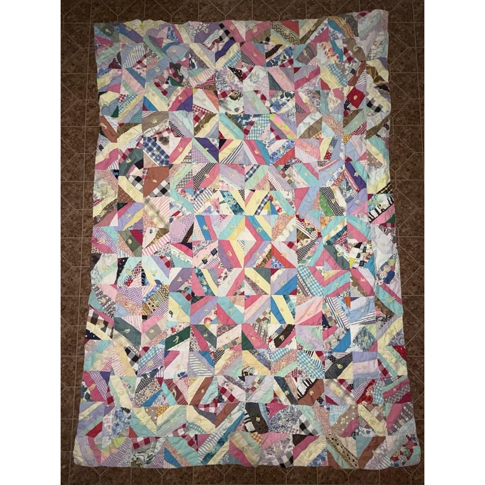 Vintage Antique Crazy Quilt Patchwork Scrap Fabric Blanket Multicolor Cottage